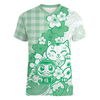 Green Palaka Hawaiian And Japanese Women V-Neck T-Shirt Maneki Neko And Sakura Bloom DT05 Female Green - Polynesian Pride