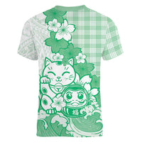 Green Palaka Hawaiian And Japanese Women V-Neck T-Shirt Maneki Neko And Sakura Bloom DT05 - Polynesian Pride