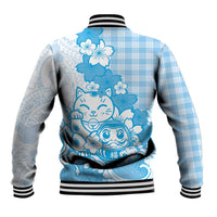 Blue Palaka Hawaiian And Japanese Baseball Jacket Maneki Neko And Sakura Bloom