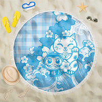 Blue Palaka Hawaiian And Japanese Beach Blanket Maneki Neko And Sakura Bloom