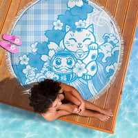 Blue Palaka Hawaiian And Japanese Beach Blanket Maneki Neko And Sakura Bloom