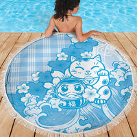 Blue Palaka Hawaiian And Japanese Beach Blanket Maneki Neko And Sakura Bloom