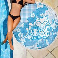 Blue Palaka Hawaiian And Japanese Beach Blanket Maneki Neko And Sakura Bloom
