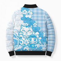 Blue Palaka Hawaiian And Japanese Bomber Puffer Jacket Maneki Neko And Sakura Bloom