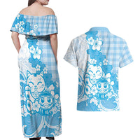 Blue Palaka Hawaiian And Japanese Couples Matching Off Shoulder Maxi Dress and Hawaiian Shirt Maneki Neko And Sakura Bloom DT05 - Polynesian Pride