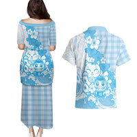 Blue Palaka Hawaiian And Japanese Couples Matching Puletasi and Hawaiian Shirt Maneki Neko And Sakura Bloom DT05 - Polynesian Pride