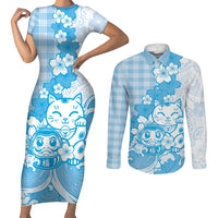 Blue Palaka Hawaiian And Japanese Couples Matching Short Sleeve Bodycon Dress and Long Sleeve Button Shirt Maneki Neko And Sakura Bloom DT05 Blue - Polynesian Pride