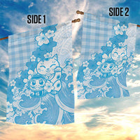 Blue Palaka Hawaiian And Japanese Garden Flag Maneki Neko And Sakura Bloom