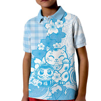 Blue Palaka Hawaiian And Japanese Kid Polo Shirt Maneki Neko And Sakura Bloom