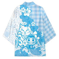 Blue Palaka Hawaiian And Japanese Kimono Maneki Neko And Sakura Bloom