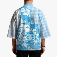 Blue Palaka Hawaiian And Japanese Kimono Maneki Neko And Sakura Bloom