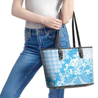 Blue Palaka Hawaiian And Japanese Leather Tote Bag Maneki Neko And Sakura Bloom
