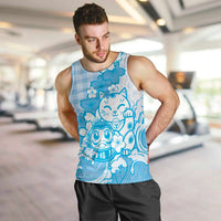 Blue Palaka Hawaiian And Japanese Men Tank Top Maneki Neko And Sakura Bloom