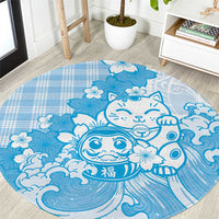 Blue Palaka Hawaiian And Japanese Round Carpet Maneki Neko And Sakura Bloom