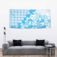 Blue Palaka Hawaiian And Japanese Tapestry Maneki Neko And Sakura Bloom