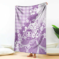 Purple Palaka Hawaiian And Japanese Blanket Maneki Neko And Sakura Bloom