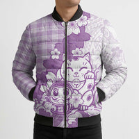 Purple Palaka Hawaiian And Japanese Bomber Puffer Jacket Maneki Neko And Sakura Bloom