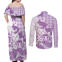 Purple Palaka Hawaiian And Japanese Couples Matching Off Shoulder Maxi Dress and Long Sleeve Button Shirt Maneki Neko And Sakura Bloom DT05 - Polynesian Pride