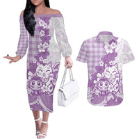 Purple Palaka Hawaiian And Japanese Couples Matching Off The Shoulder Long Sleeve Dress and Hawaiian Shirt Maneki Neko And Sakura Bloom DT05 Purple - Polynesian Pride