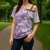 Purple Palaka Hawaiian And Japanese Cross Shoulder Shirt Maneki Neko And Sakura Bloom