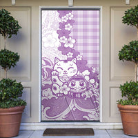 Purple Palaka Hawaiian And Japanese Door Cover Maneki Neko And Sakura Bloom