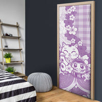 Purple Palaka Hawaiian And Japanese Door Cover Maneki Neko And Sakura Bloom