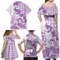 Purple Palaka Hawaiian And Japanese Family Matching Off Shoulder Maxi Dress and Hawaiian Shirt Maneki Neko And Sakura Bloom DT05 - Polynesian Pride