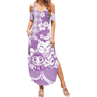 Purple Palaka Hawaiian And Japanese Family Matching Summer Maxi Dress and Hawaiian Shirt Maneki Neko And Sakura Bloom DT05 Mom's Dress Purple - Polynesian Pride