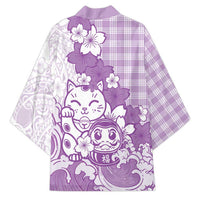 Purple Palaka Hawaiian And Japanese Kimono Maneki Neko And Sakura Bloom