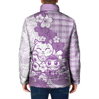 Purple Palaka Hawaiian And Japanese Padded Jacket Maneki Neko And Sakura Bloom