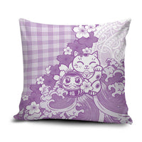 Purple Palaka Hawaiian And Japanese Pillow Cover Maneki Neko And Sakura Bloom