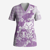 Purple Palaka Hawaiian And Japanese Scrub Top Maneki Neko And Sakura Bloom