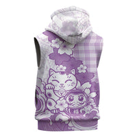 Purple Palaka Hawaiian And Japanese Sleeveless Hoodie Maneki Neko And Sakura Bloom