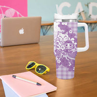 Purple Palaka Hawaiian And Japanese Tumbler With Handle Maneki Neko And Sakura Bloom