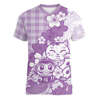 Purple Palaka Hawaiian And Japanese Women V-Neck T-Shirt Maneki Neko And Sakura Bloom DT05 Female Purple - Polynesian Pride