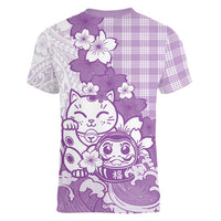 Purple Palaka Hawaiian And Japanese Women V-Neck T-Shirt Maneki Neko And Sakura Bloom DT05 - Polynesian Pride