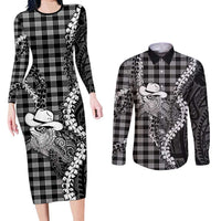 Black Hawaii Palaka Cowboy Turtle Couples Matching Long Sleeve Bodycon Dress and Long Sleeve Button Shirt Hawaiian Paniolo Puakenikeni Maile Lei DT05 Black - Polynesian Pride