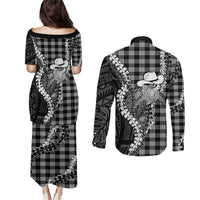 Black Hawaii Palaka Cowboy Turtle Couples Matching Puletasi and Long Sleeve Button Shirt Hawaiian Paniolo Puakenikeni Maile Lei DT05 - Polynesian Pride