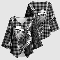 Black Hawaii Palaka Cowboy Turtle Kimono Sleeve Blouse Hawaiian Paniolo Puakenikeni Maile Lei DT05 - Polynesian Pride