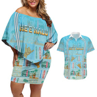 Custom Hawaii Surfing Couples Matching Off Shoulder Short Dress and Hawaiian Shirt He'e Nalu