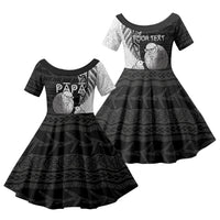 Personalised New Zealand Father's Day Family Matching Long Sleeve Bodycon Dress and Hawaiian Shirt Papa Kiwi Bird Tribal Pattern DT05 Daughter's Dress Black - Polynesian Pride