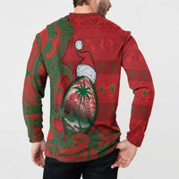 Guam Christmas Button Sweatshirt Chamorro Seal Hat Santa Tribal Waves - Polynesian Pride