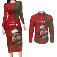 Guam Christmas Couples Matching Long Sleeve Bodycon Dress and Long Sleeve Button Shirt Chamorro Seal Hat Santa Tribal Waves DT05 Red - Polynesian Pride