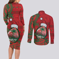 Guam Christmas Couples Matching Long Sleeve Bodycon Dress and Long Sleeve Button Shirt Chamorro Seal Hat Santa Tribal Waves DT05 - Polynesian Pride