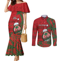 Guam Christmas Couples Matching Mermaid Dress and Long Sleeve Button Shirt Chamorro Seal Hat Santa Tribal Waves DT05 Red - Polynesian Pride
