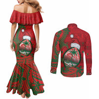 Guam Christmas Couples Matching Mermaid Dress and Long Sleeve Button Shirt Chamorro Seal Hat Santa Tribal Waves DT05 - Polynesian Pride