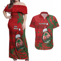 Guam Christmas Couples Matching Off Shoulder Maxi Dress and Hawaiian Shirt Chamorro Seal Hat Santa Tribal Waves DT05 Red - Polynesian Pride