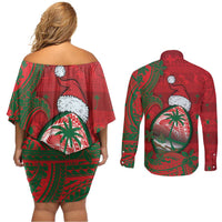 Guam Christmas Couples Matching Off Shoulder Short Dress and Long Sleeve Button Shirt Chamorro Seal Hat Santa Tribal Waves DT05 - Polynesian Pride