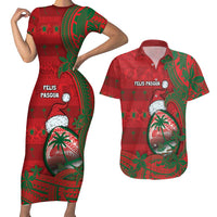 Guam Christmas Couples Matching Short Sleeve Bodycon Dress and Hawaiian Shirt Chamorro Seal Hat Santa Tribal Waves DT05 Red - Polynesian Pride