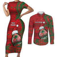 Guam Christmas Couples Matching Short Sleeve Bodycon Dress and Long Sleeve Button Shirt Chamorro Seal Hat Santa Tribal Waves DT05 Red - Polynesian Pride